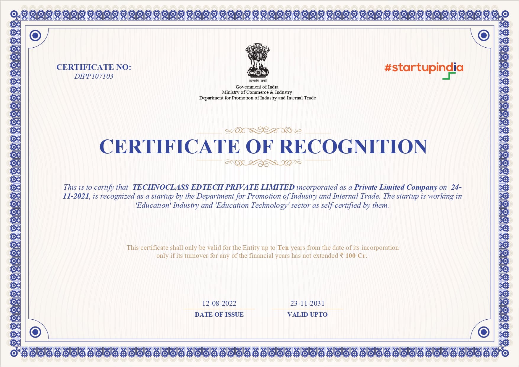Startup India certificate